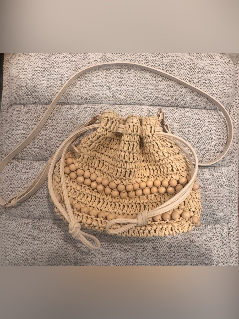 Universal Thread Natural Straw Crossbody with Wooden Bead Trim